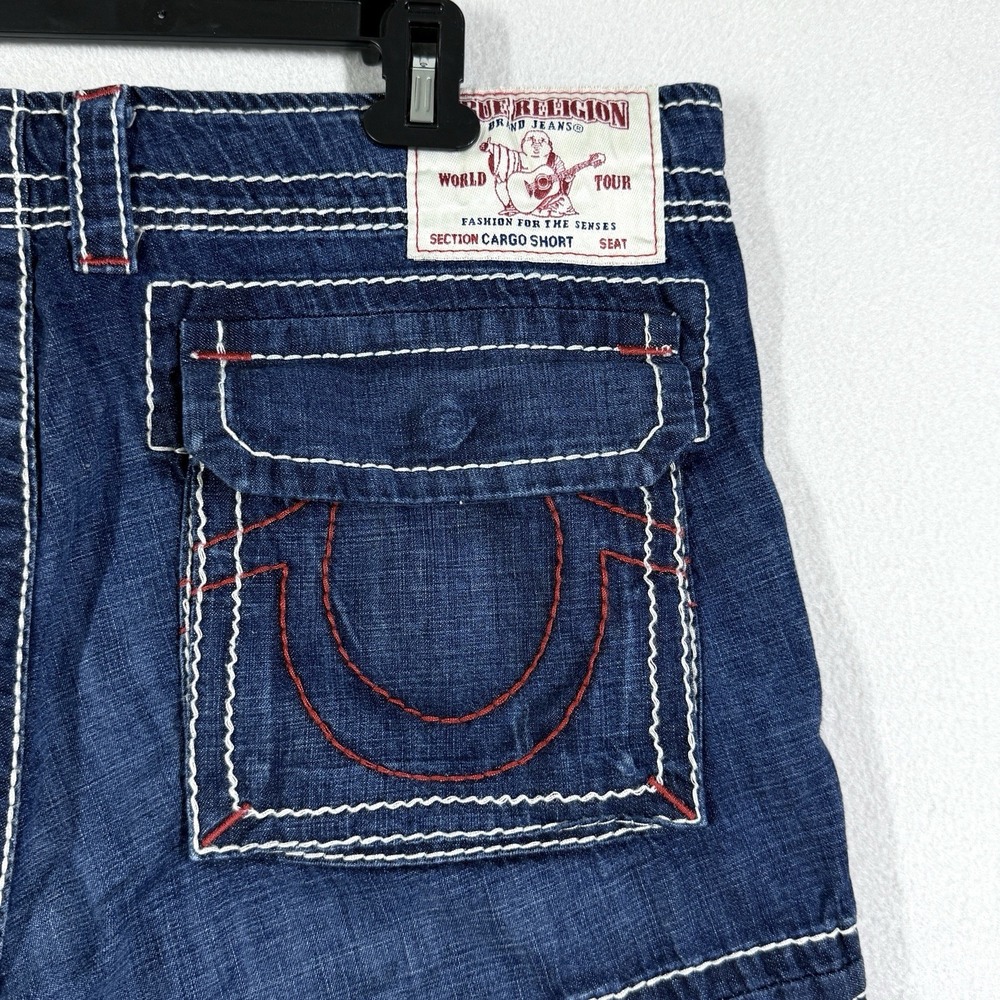 True Religion Cargo Shorts Men 36 Big T Red Stitch Denim Cut Off Drawstring Jean - Picture 5 of 15